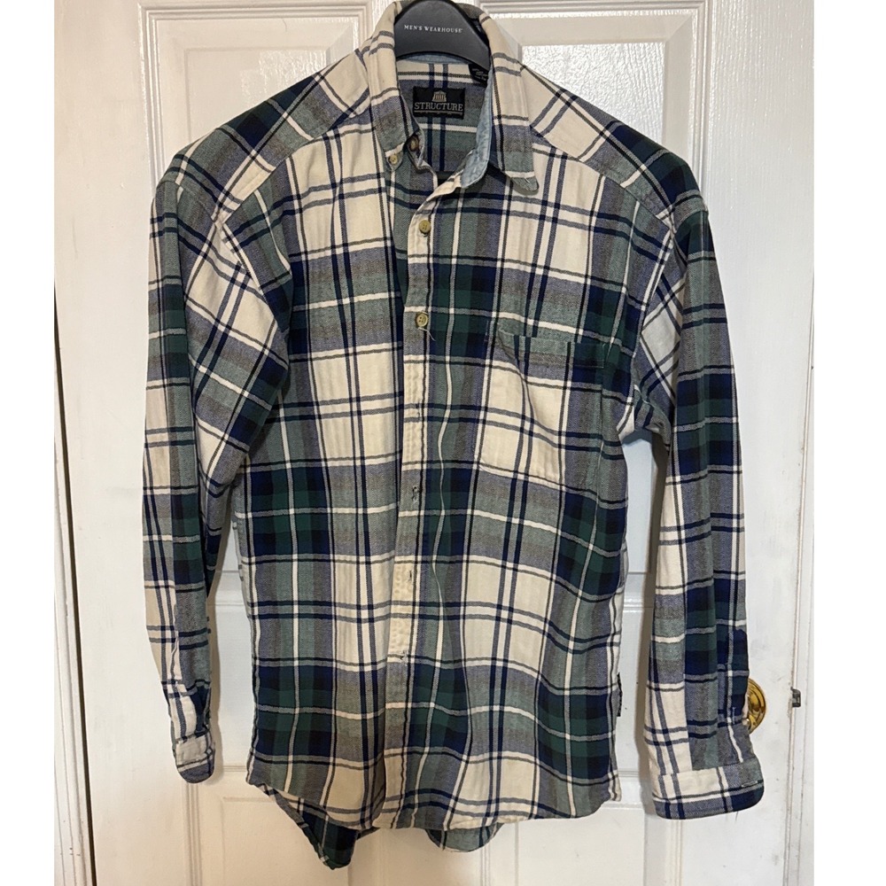 Structure Mens Large Green Blue Plaid Flannel Button Down Shirt Cotton Vintage - Picture 2 of 11
